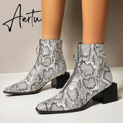 Big Size 34-48 Ankle Boots Women Silver Black Front Zipper Short Boots Ladies Thick Chunky Medium Heel Biker Boot Shoes Aiertu