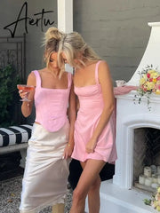 Birthday Dress For Women A-Line Pink Dress Sexy Satin Holiday Party Dresses Mini Casual Spaghetti Strap Graduation Dress Stretch Aiertu