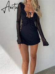 Black Bodycon Dress Spring Summer Sexy Mesh Long Sleeves Ruffles Deep V Tie-Up Short Dress Women Party Streetwear Aiertu
