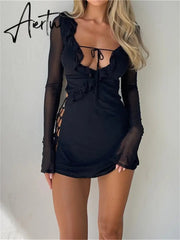 Black Bodycon Dress Spring Summer Sexy Mesh Long Sleeves Ruffles Deep V Tie-Up Short Dress Women Party Streetwear Aiertu