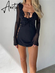Black Bodycon Dress Spring Summer Sexy Mesh Long Sleeves Ruffles Deep V Tie-Up Short Dress Women Party Streetwear Aiertu