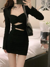Black Bodycon Dress Women Autumn Long Sleeve Short Party Dress Office Lady Pure Color Elegant Vintage Y2k Mini Dress Korean Aiertu