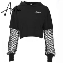 Black Crop Top Sweatshirt Long Sleeve Women Hoodies Hooded Streetwear Harajuku Hoodie Kpop Hoody Aiertu