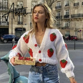 Black Friday Autumn Sweet Embroidery Strawberry V-neck Knitted Cardigan Winter Clothes Women Sweaters Coat Vintage Long Sleeve Sweater Aiertu