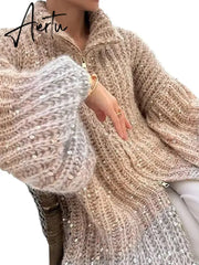 Black Friday Elegant Sequin Sweater Women Fashion Lurex Long Sleeve Loose Female Zipper Knit Cardigan 2023 Autumn Streetwear Lady Coat Aiertu