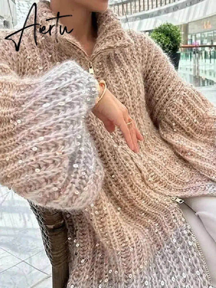 Black Friday Elegant Sequin Sweater Women Fashion Lurex Long Sleeve Loose Female Zipper Knit Cardigan 2023 Autumn Streetwear Lady Coat Aiertu