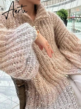 Black Friday Elegant Sequin Sweater Women Fashion Lurex Long Sleeve Loose Female Zipper Knit Cardigan 2023 Autumn Streetwear Lady Coat Aiertu