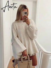 Black Friday Fashion Lantern Long Sleeve Women Loose Sweater Solid Female Half High Collar Chic Knit Pullover Autumn Streetwear Knitwear Aiertu