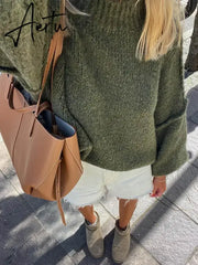 Black Friday Fashion Lantern Long Sleeve Women Loose Sweater Solid Female Half High Collar Chic Knit Pullover Autumn Streetwear Knitwear Aiertu