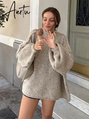 Black Friday Fashion Lantern Long Sleeve Women Loose Sweater Solid Female Half High Collar Chic Knit Pullover Autumn Streetwear Knitwear Aiertu