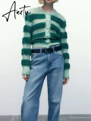 Black Friday Hollow Out Colorful Kint Cardigan Women Sweater Autumn Long Puff Sleeve Patchwork Female Sweaters Elegant Casual Lady Top Aiertu