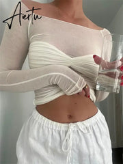 Black Friday Mesh Sheer Off-Shoulder Top Shirt For Women New Long Sleeve See-Through Lace Knit Pullover Tops Summer Mesh Top Tee Shirt Aiertu