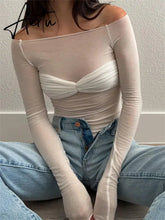Black Friday Mesh Sheer Off-Shoulder Top Shirt For Women New Long Sleeve See-Through Lace Knit Pullover Tops Summer Mesh Top Tee Shirt Aiertu