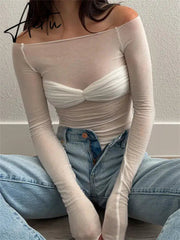 Black Friday Mesh Sheer Off-Shoulder Top Shirt For Women New Long Sleeve See-Through Lace Knit Pullover Tops Summer Mesh Top Tee Shirt Aiertu