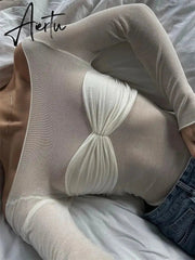 Black Friday Mesh Sheer Off-Shoulder Top Shirt For Women New Long Sleeve See-Through Lace Knit Pullover Tops Summer Mesh Top Tee Shirt Aiertu