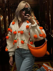 Black Friday Oversize 3D Flower V-neck Knit Cardigan Women Fashion Long Sleeve Warm Sweater Autumn Winter Loose Single Breasted Knitwear Coat Aiertu