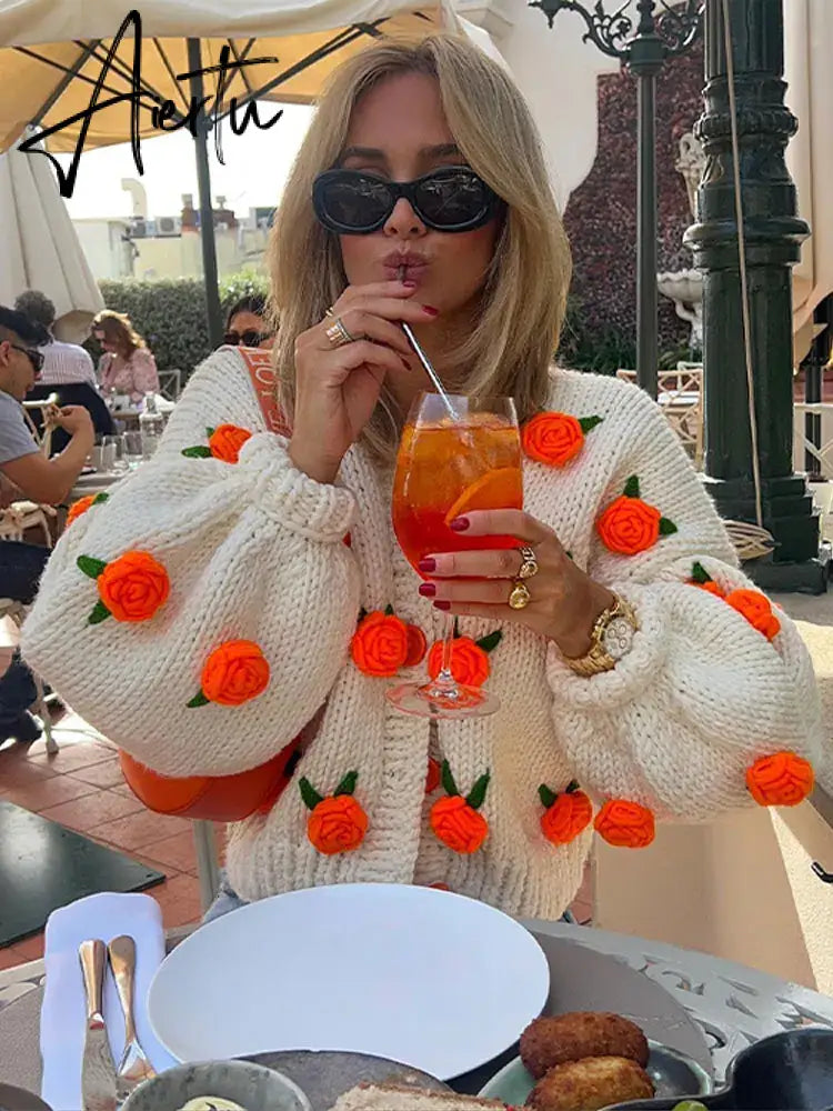 Black Friday Oversize 3D Flower V-neck Knit Cardigan Women Fashion Long Sleeve Warm Sweater Autumn Winter Loose Single Breasted Knitwear Coat Aiertu