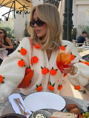 Black Friday Oversize 3D Flower V-neck Knit Cardigan Women Fashion Long Sleeve Warm Sweater Autumn Winter Loose Single Breasted Knitwear Coat Aiertu