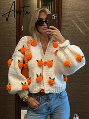Black Friday Oversize 3D Flower V-neck Knit Cardigan Women Fashion Long Sleeve Warm Sweater Autumn Winter Loose Single Breasted Knitwear Coat Aiertu