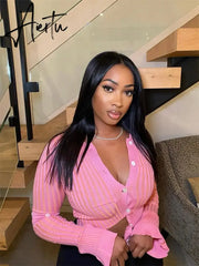 Black Friday Summer Outfits Clothes Streetwear Crop Top Pink Shirts For Women Long Sleeve Buttons Knitted T Shirts Crop Tops Women Aiertu