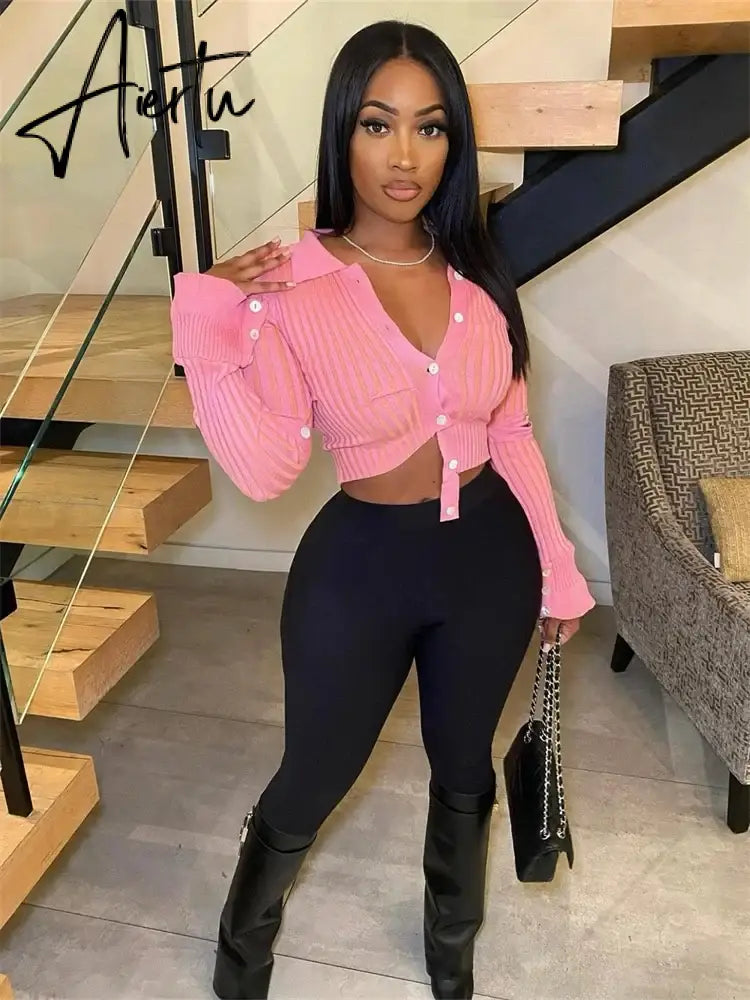 Black Friday Summer Outfits Clothes Streetwear Crop Top Pink Shirts For Women Long Sleeve Buttons Knitted T Shirts Crop Tops Women Aiertu
