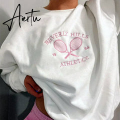 Black Friday Tennis Athletics Letters Embroidered Sweatshirts Women White Loose Spring Pullover Long Sleeve Retro Thin Cotton Casual Jumpers Aiertu