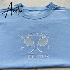 Black Friday Tennis Athletics Letters Embroidered Sweatshirts Women White Loose Spring Pullover Long Sleeve Retro Thin Cotton Casual Jumpers Aiertu