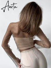 Black Friday Women Sexy Mesh See Through T Shirt Shiny Rhinestone Fishnet Hollow Out Crop Top Long Sleeve Beach Cover Up Party Club Tank Tops Aiertu