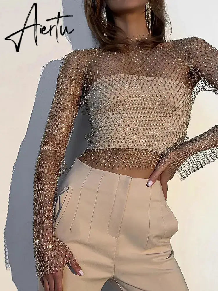 Black Friday Women Sexy Mesh See Through T Shirt Shiny Rhinestone Fishnet Hollow Out Crop Top Long Sleeve Beach Cover Up Party Club Tank Tops Aiertu