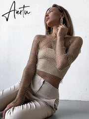 Black Friday Women Sexy Mesh See Through T Shirt Shiny Rhinestone Fishnet Hollow Out Crop Top Long Sleeve Beach Cover Up Party Club Tank Tops Aiertu