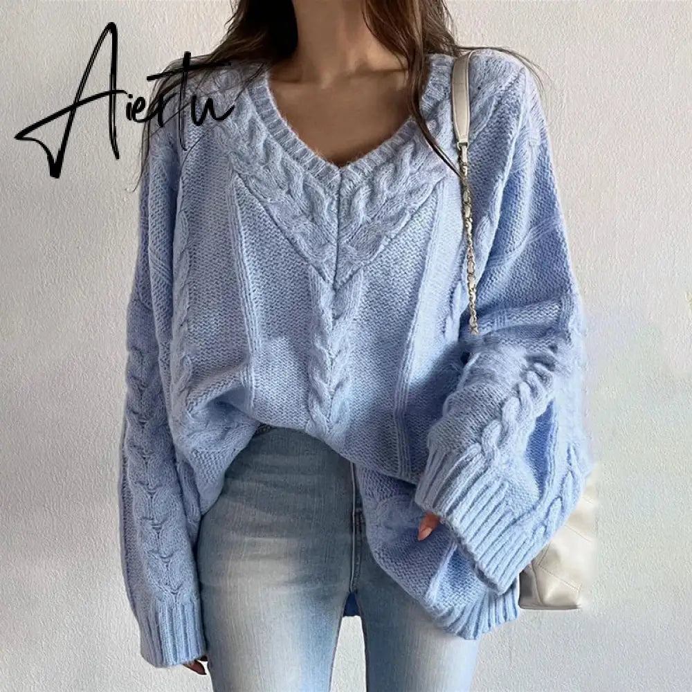 Black Friday Women's Oversized Cable Knit Sweater Long Sleeve V-Neck Pullover Jumper Fall Winter Knit Tops Light Blue Pink Korean Style Aiertu