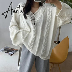 Black Friday Women's Oversized Cable Knit Sweater Long Sleeve V-Neck Pullover Jumper Fall Winter Knit Tops Light Blue Pink Korean Style Aiertu
