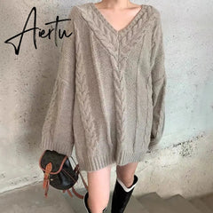 Black Friday Women's Oversized Cable Knit Sweater Long Sleeve V-Neck Pullover Jumper Fall Winter Knit Tops Light Blue Pink Korean Style Aiertu