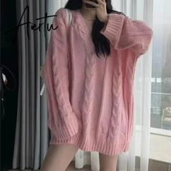 Black Friday Women's Oversized Cable Knit Sweater Long Sleeve V-Neck Pullover Jumper Fall Winter Knit Tops Light Blue Pink Korean Style Aiertu