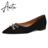 Black Loafer Shoes Women Spring Suede Sheepskin Low Heel Luxury Pumps for Ladies Metal Decoration Pointed Toe Handmade 42 Aiertu