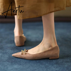 Black Loafer Shoes Women Spring Suede Sheepskin Low Heel Luxury Pumps for Ladies Metal Decoration Pointed Toe Handmade 42 Aiertu