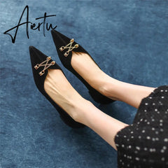 Black Loafer Shoes Women Spring Suede Sheepskin Low Heel Luxury Pumps for Ladies Metal Decoration Pointed Toe Handmade 42 Aiertu