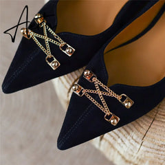 Black Loafer Shoes Women Spring Suede Sheepskin Low Heel Luxury Pumps for Ladies Metal Decoration Pointed Toe Handmade 42 Aiertu
