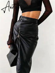 Black PU Leather High Waist Pencil Skirts Vintage Grunge Women Streetwear Zipper High Split Bodycon Midi Skirt with Belt Aiertu
