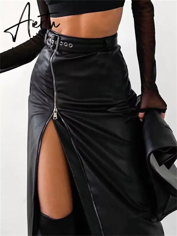 Black PU Leather High Waist Pencil Skirts Vintage Grunge Women Streetwear Zipper High Split Bodycon Midi Skirt with Belt Aiertu