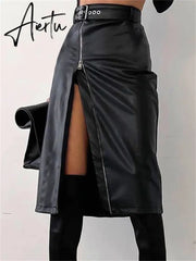 Black PU Leather High Waist Pencil Skirts Vintage Grunge Women Streetwear Zipper High Split Bodycon Midi Skirt with Belt Aiertu