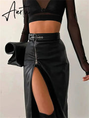 Black PU Leather High Waist Pencil Skirts Vintage Grunge Women Streetwear Zipper High Split Bodycon Midi Skirt with Belt Aiertu