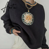 Black Sun Face Vintage Printing Oversized Sweatshirts Women Teen Girls Loose Casual Winter Tops Brand Design New Streetwear Aiertu