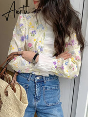 Blouse Women Shirt Ruffled Collar Floral Button Up Shirts Loose French Vintage Blouse Fashion Sweet Long Sleeve Tops Aiertu