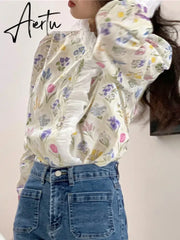 Blouse Women Shirt Ruffled Collar Floral Button Up Shirts Loose French Vintage Blouse Fashion Sweet Long Sleeve Tops Aiertu