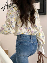 Blouse Women Shirt Ruffled Collar Floral Button Up Shirts Loose French Vintage Blouse Fashion Sweet Long Sleeve Tops Aiertu
