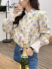 Blouse Women Shirt Ruffled Collar Floral Button Up Shirts Loose French Vintage Blouse Fashion Sweet Long Sleeve Tops Aiertu