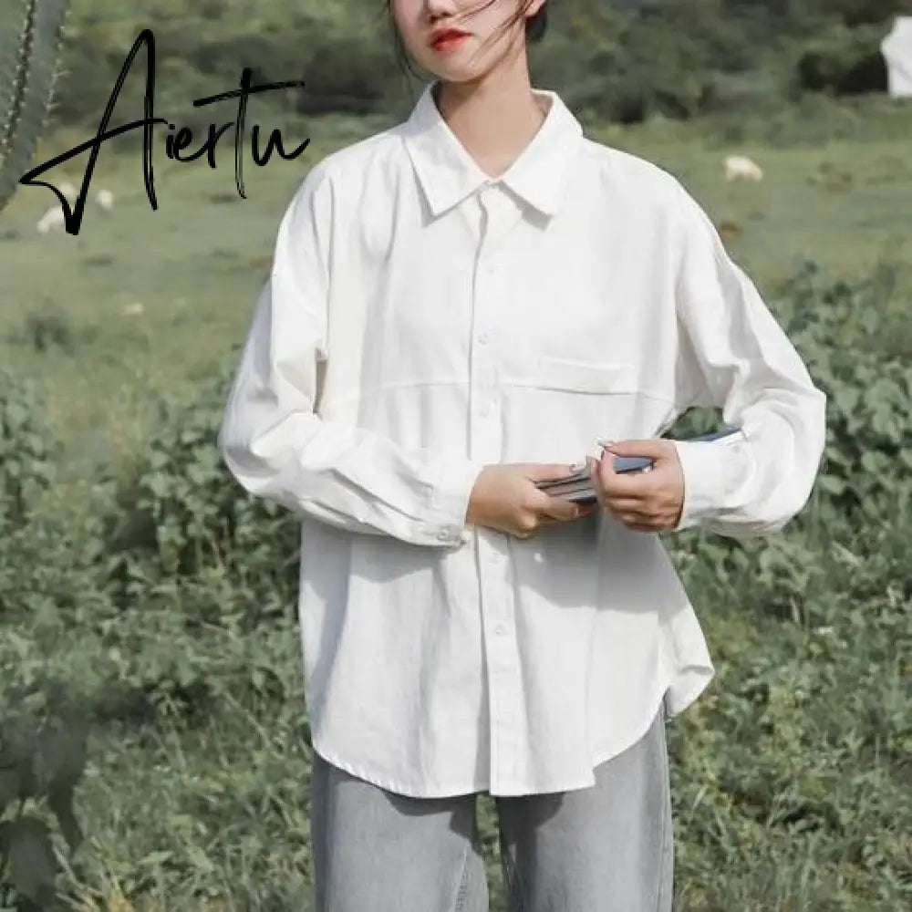 Blouse Women Shirts Turn-down Collar Long Sleeve Plaid Outwear Pocket White Korean Style Students Ulzzang Leisure All-match Chic Aiertu
