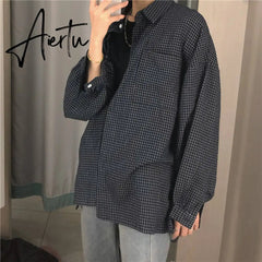Blouse Women Shirts Turn-down Collar Long Sleeve Plaid Outwear Pocket White Korean Style Students Ulzzang Leisure All-match Chic Aiertu