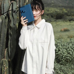 Blouse Women Shirts Turn-down Collar Long Sleeve Plaid Outwear Pocket White Korean Style Students Ulzzang Leisure All-match Chic Aiertu
